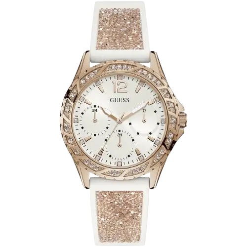 ساعة جيس سويرل W1096L2 نسائية، سوار سيليكون أبيض، علبة ذهبية وردية كريستالية، ميناء أبيض متعدد الوظائف.