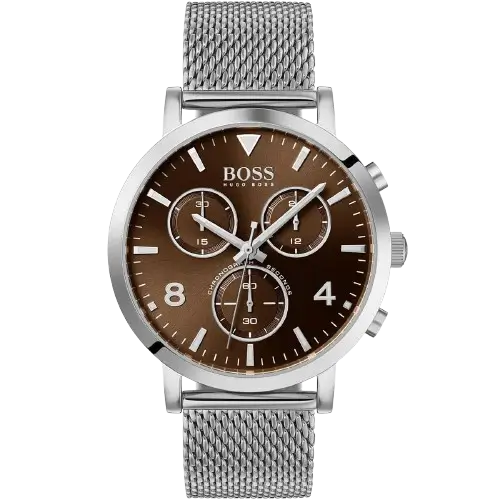 Hugo Boss Spirit 1513694 men's chronograph watch with a luxurious brown sunburst dial, luminous silver hands and markers, three sub-dials, tachymeter bezel, date window at 4:30, and polished silver stainless steel bracelet with push-button deployment clasp.