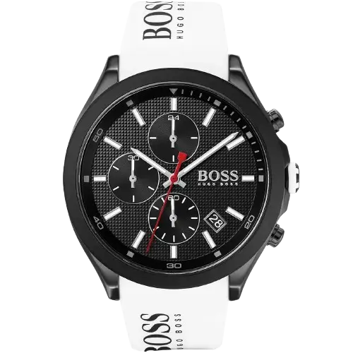 ساعة هوجو بوس فيلوسيتي 1513718 رجالية كرونوغراف، بمينا أسود إشعاع شمسي وسوار سيليكون أبيض.
