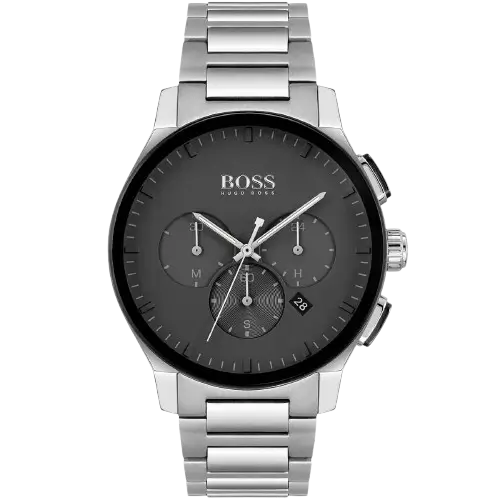 ساعة هوجو بوس بيك 1513762 رجالية كرونوغراف، بمينا أسود وسوار من الستانلس ستيل الفضي.