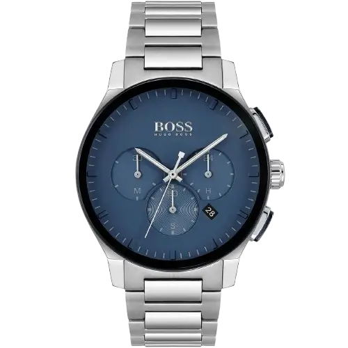 ساعة هوجو بوس بيك 1513763 رجالية كرونوغراف، بمينا أزرق إشعاع شمسي وسوار من الستانلس ستيل الفضي.
