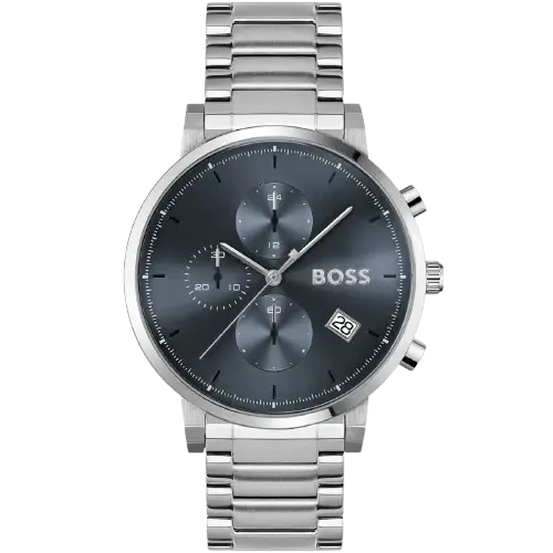 ساعة هوجو بوس انتيجرتي 1513779 رجالية كرونوغراف بمينا زرقاء، عقارب فضية مضيئة، ثلاثة عدادات، إطار تاخيميتر، سوار ستانلس ستيل فضي.