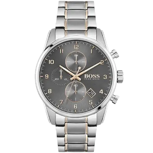 ساعة هوجو بوس سكاي ماستر 1513789 رجالية كرونوغراف بمينا رمادية، عقارب فضية مضيئة، ثلاثة عدادات، إطار تاخيميتر، سوار ستانلس ستيل فضي نحاسي.