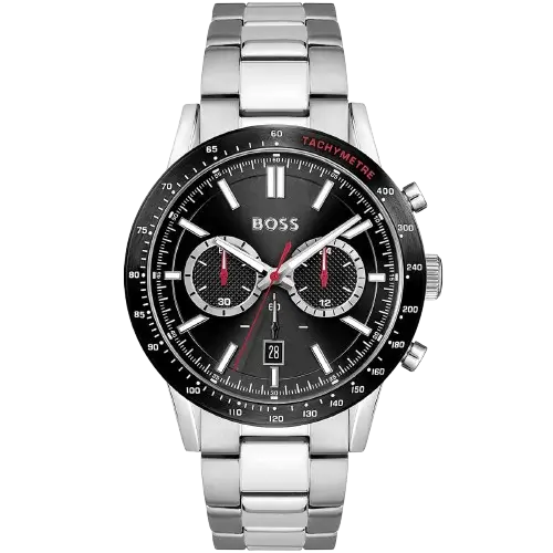Hugo Boss Allure 1513922 men's chronograph watch with black sunburst dial, luminous silver hands, three sub-dials, tachymeter bezel, silver stainless steel bracelet.