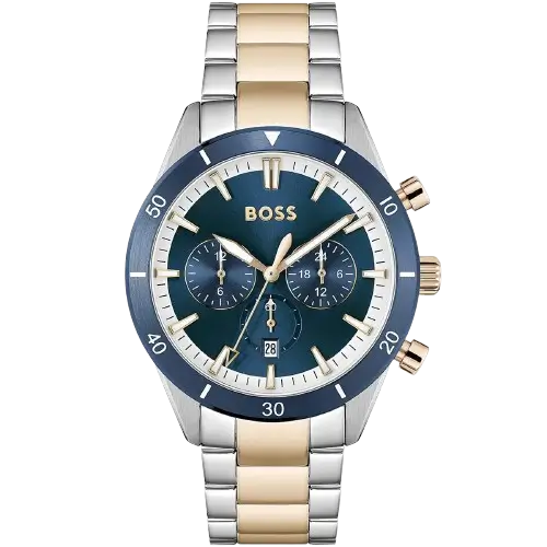 ساعة هوجو بوس سانتياغو 1513937 رجالية كرونوغراف، بمينا أزرق إشعاع شمسي وعقارب ومؤشرات فضية مضيئة، ثلاثة عدادات فرعية، إطار تاخيميتر، نافذة تاريخ عند 4:30، وسوار ستانلس ستيل بلونين (فضي ونحاسي) فاخر مع قفل دفعة الزر.