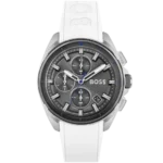 Hugo Boss Volane 1513948 men's chronograph watch with a sleek grey sunburst dial, luminous silver hands and markers, three sub-dials, tachymeter bezel, date window at 4:30, and durable white silicone strap.