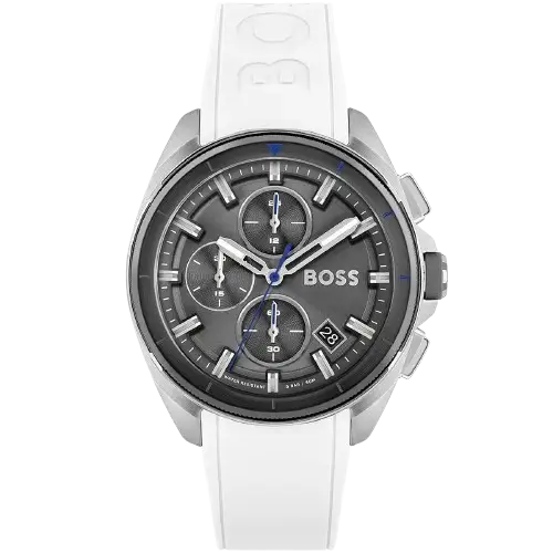 ساعة هوجو بوس فولان 1513948 رجالية كرونوغراف، بمينا رمادي إشعاع شمسي وعقارب ومؤشرات فضية مضيئة، ثلاثة عدادات فرعية، إطار تاخيميتر، نافذة تاريخ عند 4:30، وسوار سيليكون أبيض متين.