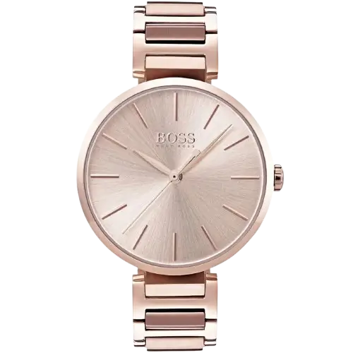 This women's timepiece from Hugo Boss Algin 1502418 comes with a Monochrome Brass Stainless Steel Band and Brass Enamel (Rose Gold).