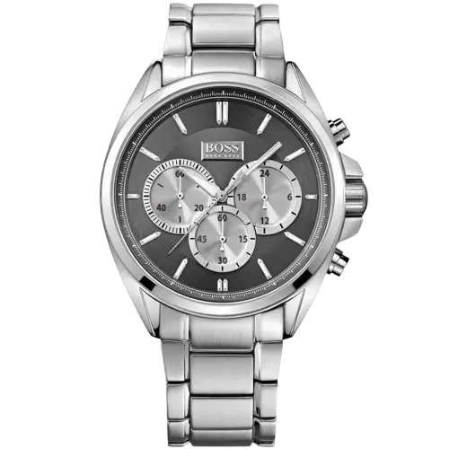 ساعة هوجو بوس درايفر 1512883 كرونوغراف للرجال، بمينا سوداء وسوار من الستانلس ستيل الفضي.