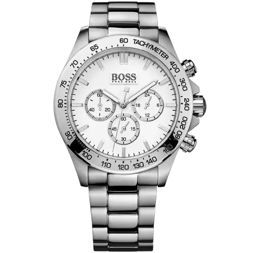 ساعة هوجو بوس أيكون 1512962 كرونوغراف للرجال، بمينا فضية وسوار من الستانلس ستيل الفضي بالكامل.