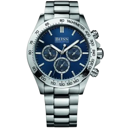 Hugo Boss Ikon 1512963 men's chronograph watch with a blue dial and a silver stainless steel bracelet.