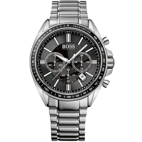 ساعة هوجو بوس درايفر 1513080 كرونوغراف للرجال، بمينا سوداء وسوار من الستانلس ستيل الفضي.