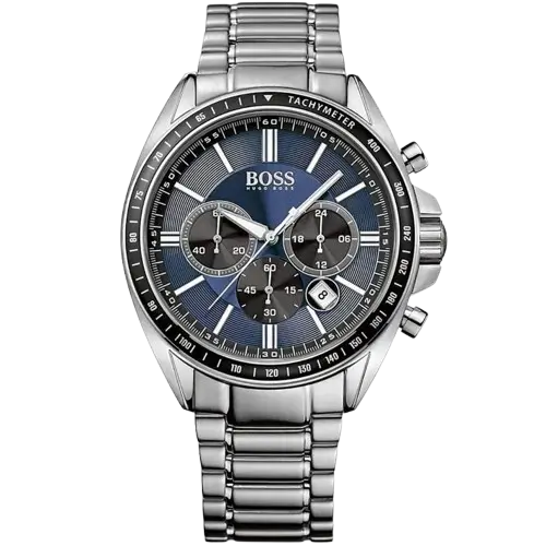ساعة هوجو بوس درايفر 1513081 كرونوغراف للرجال، بمينا زرقاء وسوار من الستانلس ستيل الفضي.