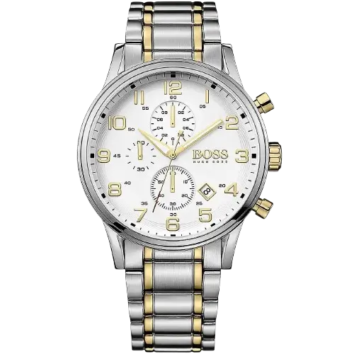 ساعة هوجو بوس ايرولاينر 1513236 كرونوغراف للرجال، بمينا بيضاء وسوار من الستانلس ستيل الفضي والذهبي (ثنائي اللون).