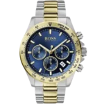 Hugo Boss Hero Chronograph Watch 1513767 for Men, with blue dial and silver and gold two-tone stainless steel bracelet.