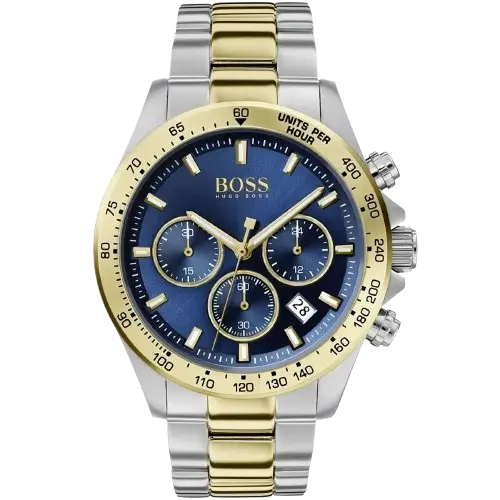 Hugo Boss Hero Chronograph Watch 1513767 for Men, with blue dial and silver and gold two-tone stainless steel bracelet.