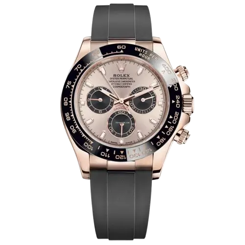 ساعة رولكس كوزموغراف دايتونا 116515LN، علبة من ذهب إيفرروز 18 قيراط، إطار سيراميك أسود، ميناء نحاسي مع عدادات سوداء، سوار أويستر فليكس مطاطي أسود، 40 ملم.