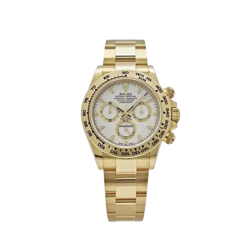 ساعة رولكس كوزموغراف دايتونا، علبة وسوار أويستر من الذهب الأصفر 18 قيراط، ميناء أبيض مع عدادات كرونوغراف ذهبية، إطار تاكيمتر ذهبي ثابت، 40 ملم.