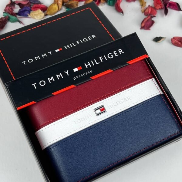 Tommy Hilfiger Passcase Wallet in leather, featuring the iconic tri-color block design (Navy, White, Red), box packaging.