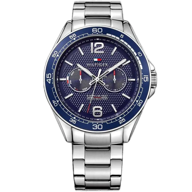 ساعة تومي هيلفيغر اريك 1791366 رجالي، علبة ستانلس ستيل فضي، ميناء أزرق متعدد الوظائف، سوار ستانلس ستيل فضي، 44 ملم.