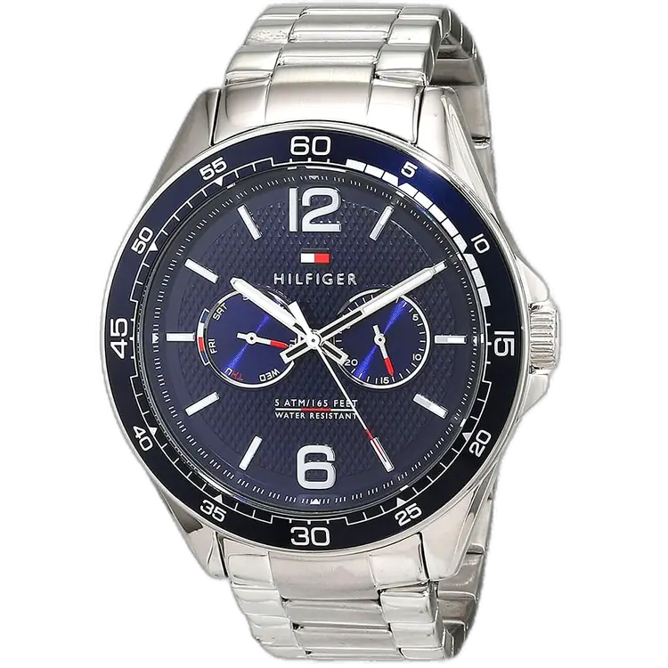 Tommy Hilfiger Erik 1791366 men's watch, silver-tone stainless steel case, blue multi-function dial, silver steel bracelet, 44mm.