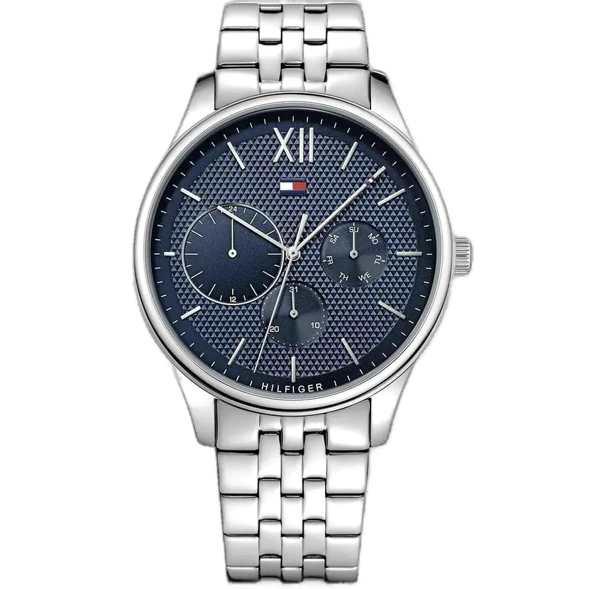 ساعة تومي هيلفيغر دامون 1791416 رجالي، علبة ستانلس ستيل فضي، ميناء أزرق متعدد الوظائف، سوار ستانلس ستيل فضي، 44 ملم.