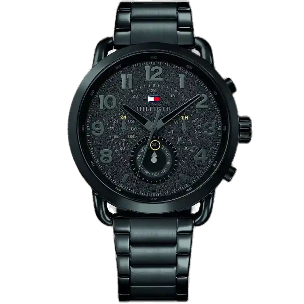 ساعة تومي هيلفيغر بريجز 1791423 رجالي، علبة ستانلس ستيل أسود بالكامل، ميناء أسود متعدد الوظائف، سوار ستانلس ستيل أسود، 44 ملم.