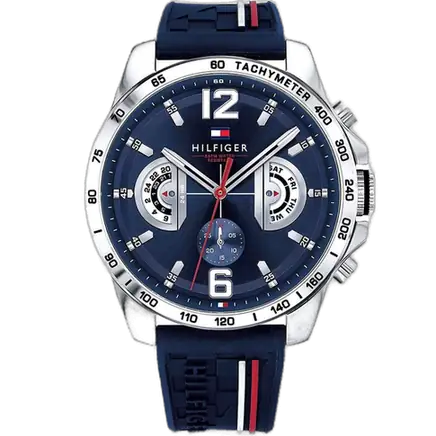 Tommy Hilfiger Decker 1791476 men's watch, all-navy stainless steel case, navy chronograph dial, navy silicone strap, 46mm.