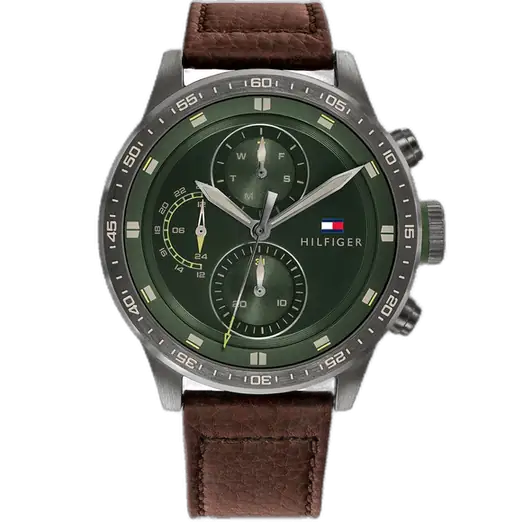 Tommy Hilfiger Trent 1791809 men's watch, stainless steel case, deep green multi-function dial, brown genuine leather strap, 44mm.