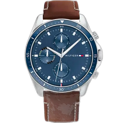 ساعة تومي هيلفيغر باركر 1791837 رجالي، علبة ستانلس ستيل، ميناء أزرق، سوار جلد طبيعي بني، 44 ملم.