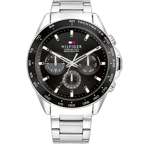 Tommy Hilfiger Owen 1791967 men's watch, silver-tone stainless steel case, black dial, silver steel bracelet, 44mm.