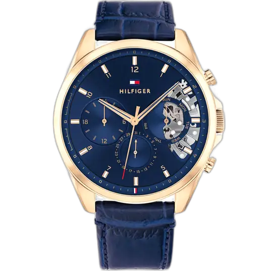 Tommy Hilfiger Baker 1710451 men's watch, all-navy stainless steel case, navy dial, navy genuine leather strap, 44mm.