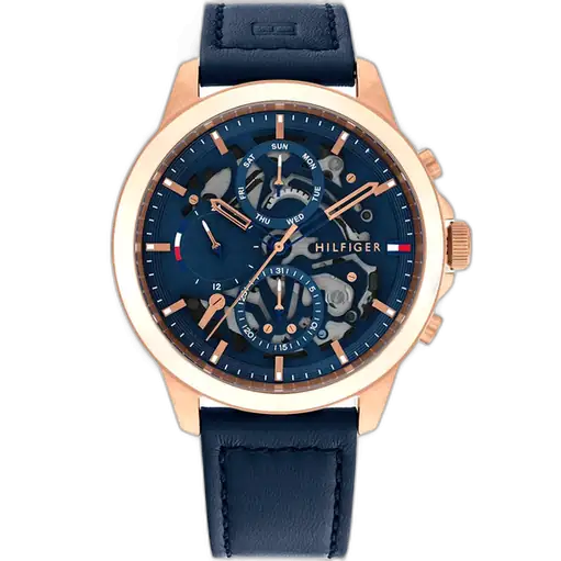ساعة تومي هيلفيغر هنري 1710475 رجالي، علبة ستانلس ستيل كحلي بالكامل، ميناء كحلي، سوار جلد طبيعي كحلي، 44 ملم.