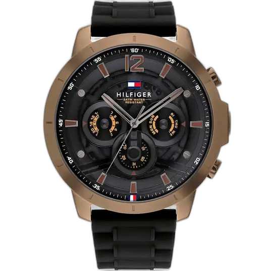 Tommy Hilfiger Luca 1710491 men's watch, all-black stainless steel case, black multi-function dial, black silicone strap, 46mm.