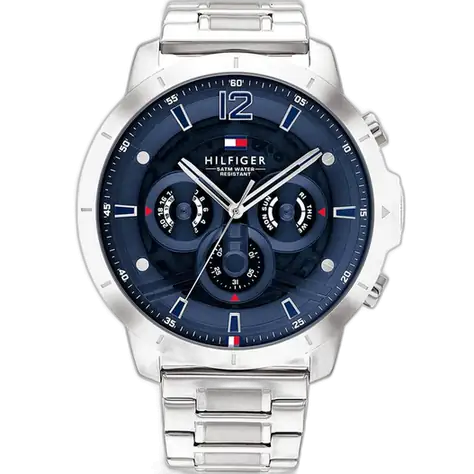 Tommy Hilfiger Luca 1710492 men's watch, silver-tone stainless steel case, blue multi-function dial, silver steel bracelet, 46mm.