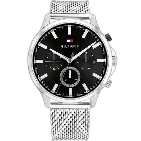 ساعة تومي هيلفيغر رايدر 1710498 رجالي، علبة ستانلس ستيل فضي، ميناء أسود، سوار ستانلس ستيل فضي، 44 ملم.