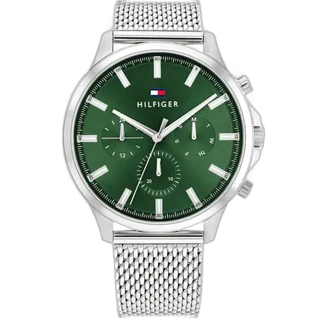 ساعة تومي هيلفيغر رايدر 1710499 رجالي، علبة ستانلس ستيل فضي، ميناء أخضر، سوار ستانلس ستيل فضي، 44 ملم.