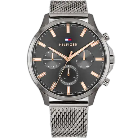 ساعة تومي هيلفيغر رايدر 1710500 رجالي، علبة ستانلس ستيل رمادي داكن، ميناء أسود، سوار ستانلس ستيل رمادي داكن، 44 ملم.