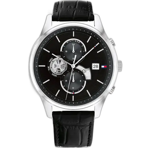 Tommy Hilfiger Weston 1710502 men's watch, all-black stainless steel case, black dial, black genuine leather strap, 44mm.