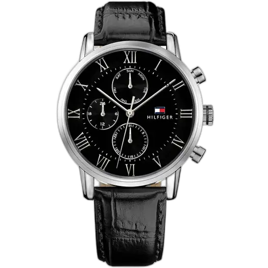 Tommy Hilfiger Kane 1791401 men's watch, all-black stainless steel case, black dial, black genuine leather strap, 44mm.