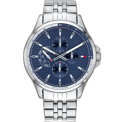 Tommy Hilfiger Shawn 1791612 men's watch, silver-tone stainless steel case, blue dial, silver steel bracelet, 44mm.