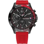 Tommy Hilfiger Bank 1791722 men's watch, black-tone stainless steel case, black multi-function dial, red silicone strap, 46mm.
