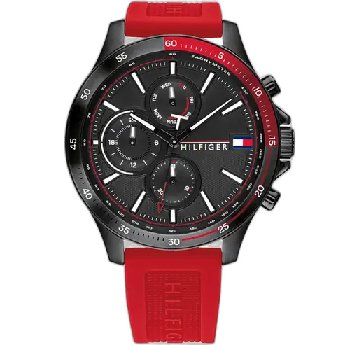 Tommy Hilfiger Bank 1791722 men's watch, black-tone stainless steel case, black multi-function dial, red silicone strap, 46mm.