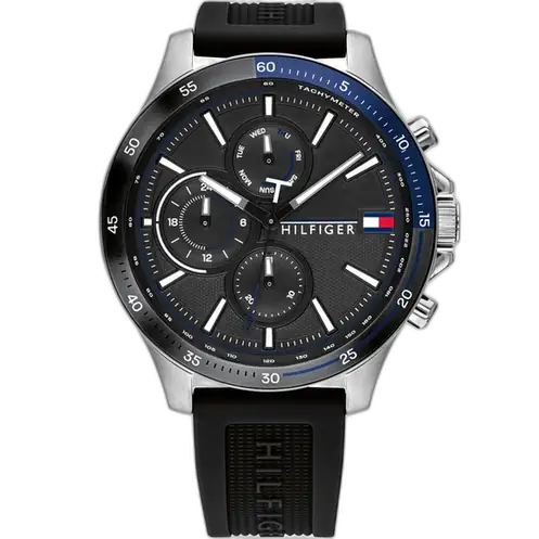 Tommy Hilfiger Bank 1791724 men's watch, all-black stainless steel case, black multi-function dial, black silicone strap, 46mm.
