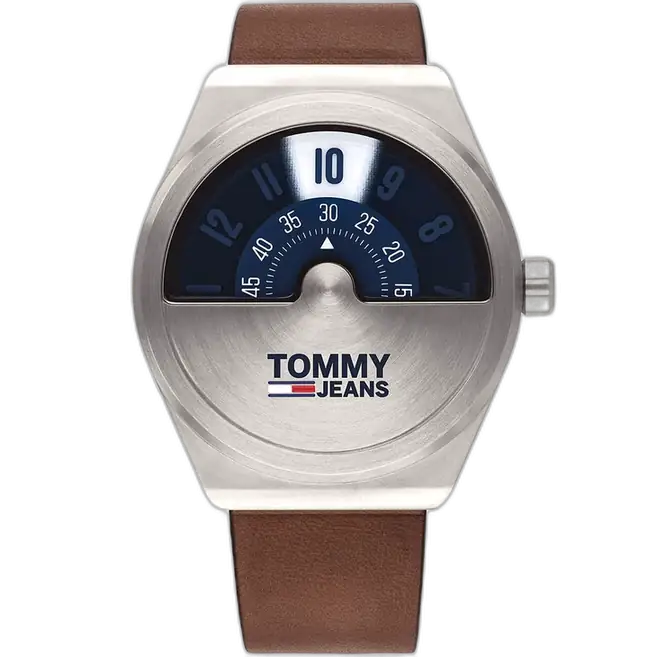Tommy Hilfiger Monogram 1791772 men's watch, stainless steel case, deep blue dial with monogram pattern, brown genuine leather strap, 44mm.