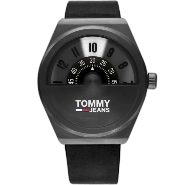 Tommy Hilfiger Monogram 1791773 men's watch, all-black stainless steel case, black dial with monogram pattern, black genuine leather strap, 44mm.