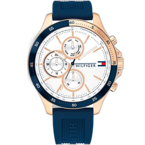 Tommy Hilfiger Bank 1791778 men's watch, silver-tone stainless steel case, white multi-function dial, navy silicone strap, 46mm.