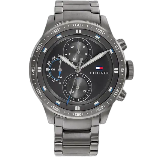 Tommy Hilfiger Trent 1791806 men's watch, gunmetal stainless steel case, black multi-function dial, gunmetal steel bracelet, 44mm.