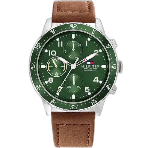 Tommy Hilfiger Jimmy 1791948 men's watch, stainless steel case, deep green dial, brown genuine leather strap, 44mm.