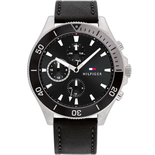 Tommy Hilfiger Larson 1791984 men's watch, all-black stainless steel case, black dial, black genuine leather strap, 44mm.